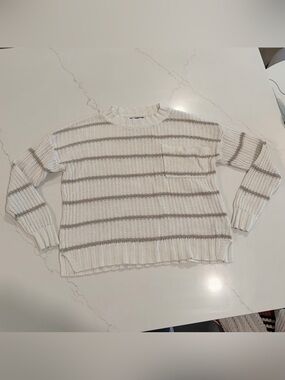 American Eagle Outfitters Cream and Tan Striped Crewneck Sweater